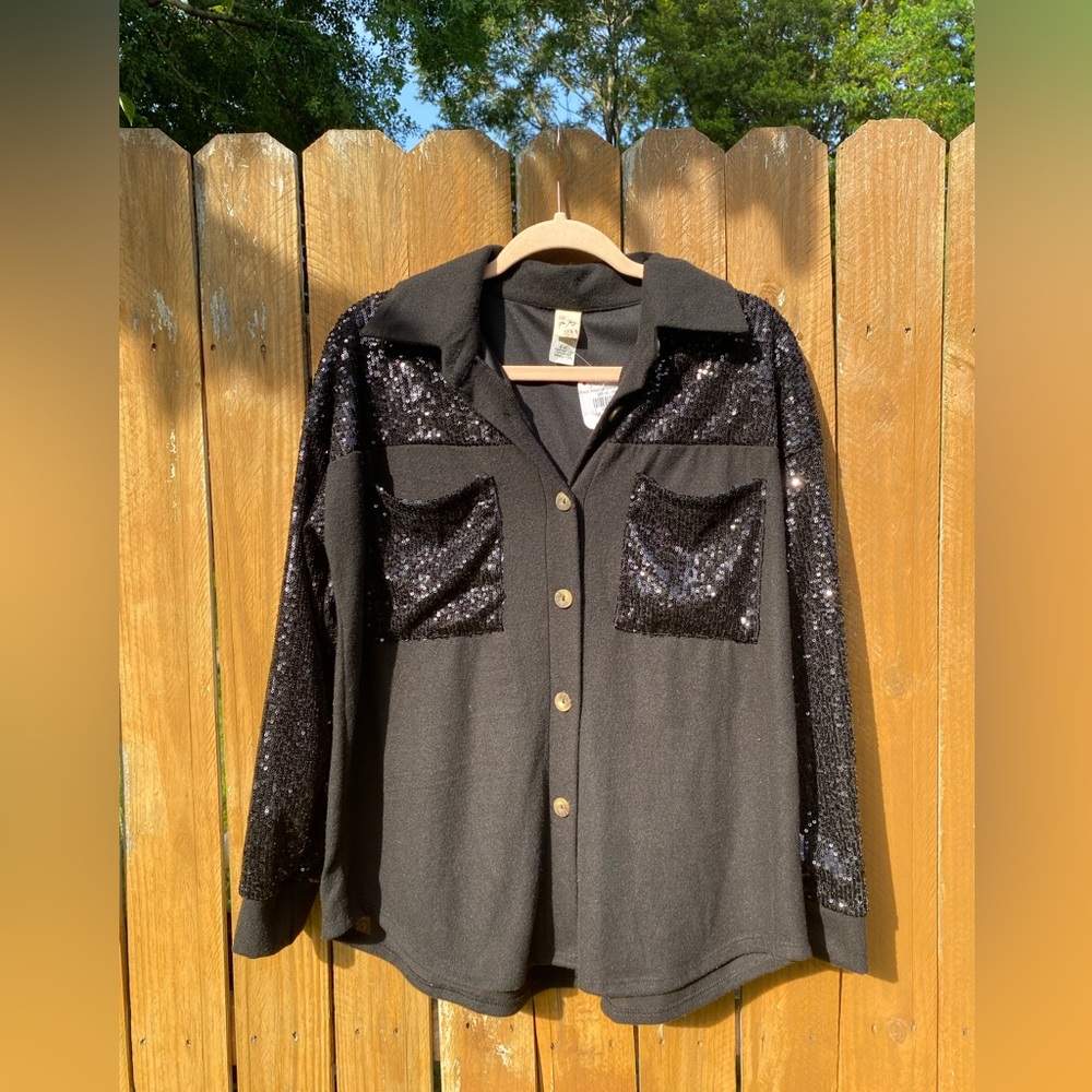 Black Sequin Button Down